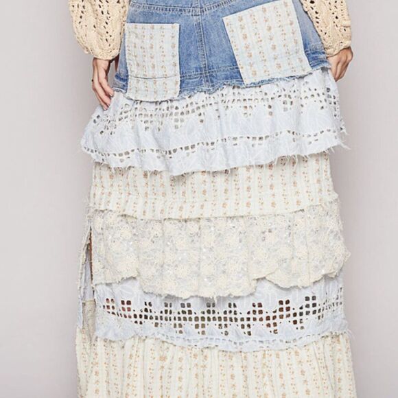POL Clothing Floral Patchwork Eyelet Ruffle Denim Maxi Skirt NEW! - Picture 4 of 13